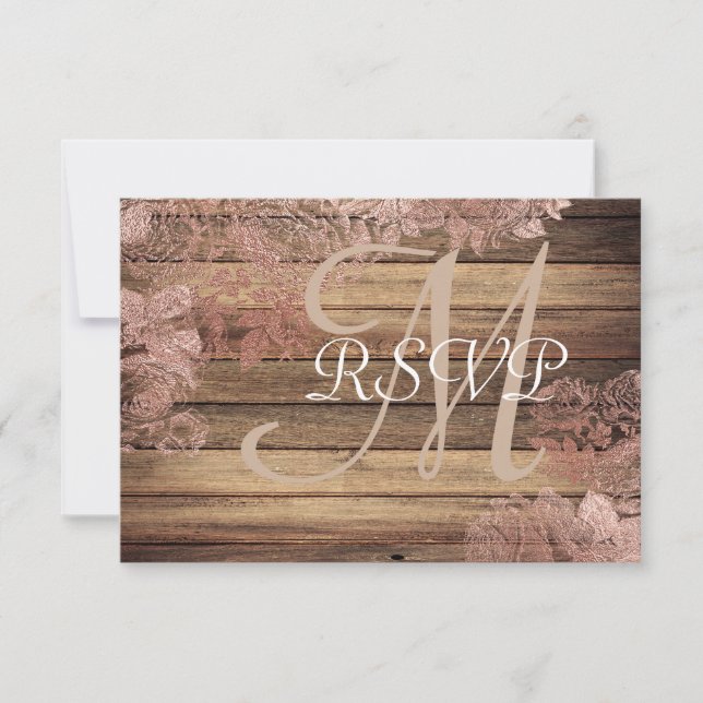 Monogram Rustic Wood Rose Lace Wedding RSVP Card (Front)