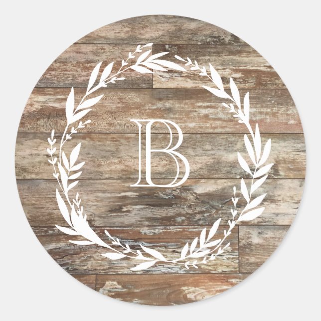 Monogram Rustic Wood Style Classic Round Sticker (Front)