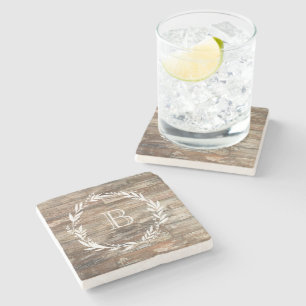Monogram Rustic Wood Style Stone Coaster
