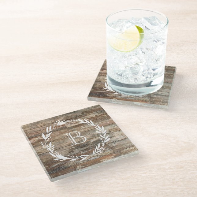 Monogram Rustic Wood Style Stone Coaster (Angled)