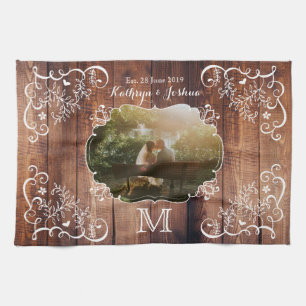 Monogram Rustic Woodland Wedding Photo Wood Panel Kitchen Towel