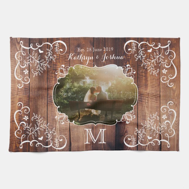 Monogram Rustic Woodland Wedding Photo Wood Panel Kitchen Towel (Horizontal)