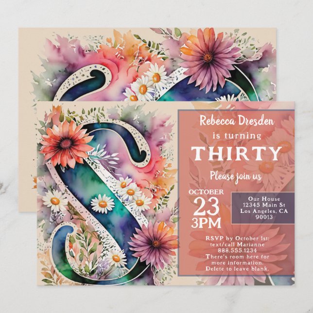 Monogram S Colorful Watercolor Flowers Birthday  Invitation (Front/Back)