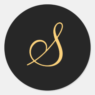 Monogram S,  gold coloured initial S on black, Classic Round Sticker