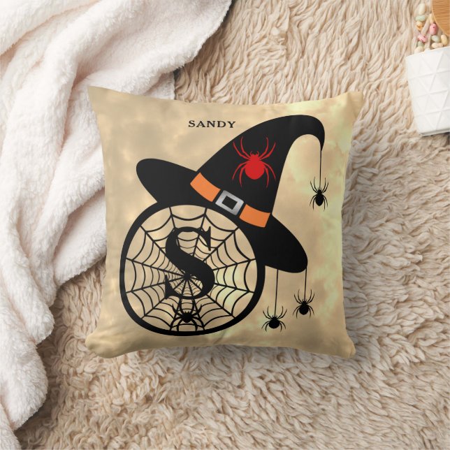 Monogram S Halloween Sky Witch Spiders Name Throw Pillow (Blanket)