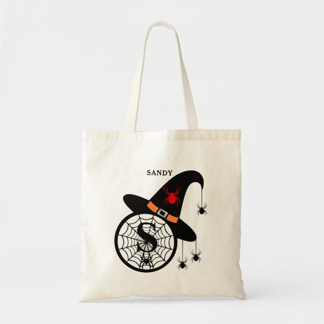 Monogram S Halloween Witch Spiders Your Name Tote Bag (Front)