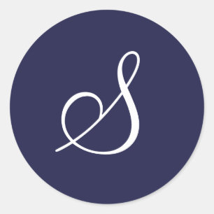 Monogram S, White on Navy Blue, Classic Round Sticker