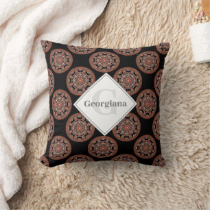 Monogram Safari Sunset Bohemian Polka Dot Mandala Throw Pillow
