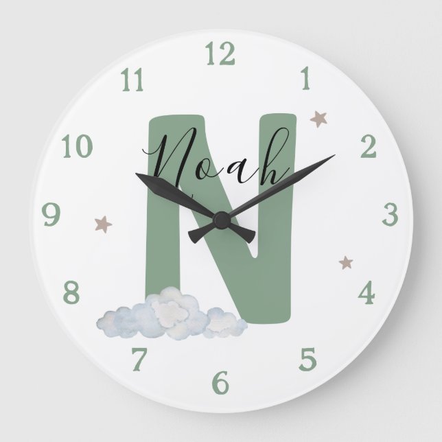 Monogram Sage Baby Initial Name Nursery Wall Clock (Front)