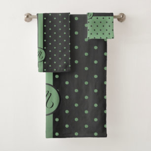 Monogram Sage Green and Black Polka Dot Pattern Bath Towel Set