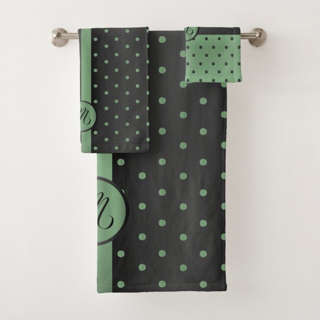 Monogram Sage Green and Black Polka Dot Pattern Bath Towel Set (Insitu)