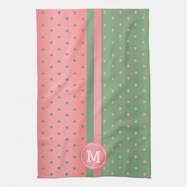 Monogram Sage Green and Coral Polka Dot Kitchen Towel (Vertical)