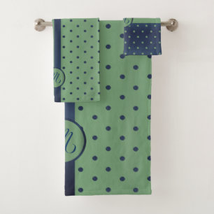 Monogram Sage Green and Slate Polka Dot Pattern Bath Towel Set
