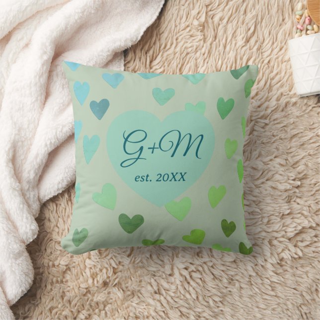 Monogram sage green blue retro boho hearts pattern throw pillow (Blanket)