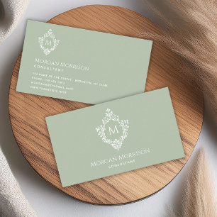 Monogram Sage Green Elegant Vintage Ornate Crest Business Card