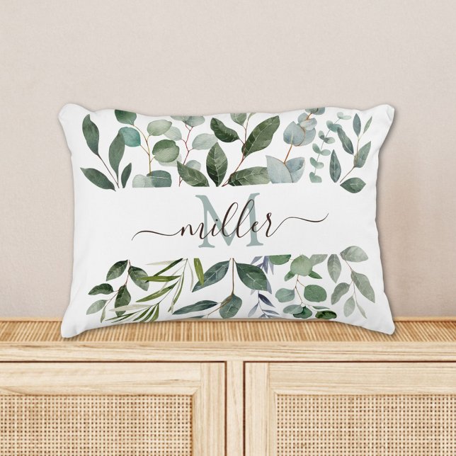 Monogram Sage Green Eucalyptus Greenery Leaves   Accent Pillow (In situ)