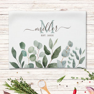 Monogram Sage Green Eucalyptus Greenery Leaves   Kitchen Towel