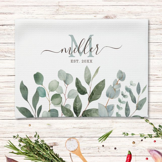 Monogram Sage Green Eucalyptus Greenery Leaves   Kitchen Towel (In situ)