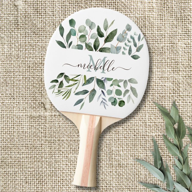 Monogram Sage Green Eucalyptus Greenery Leaves   Ping Pong Paddle (In situ)