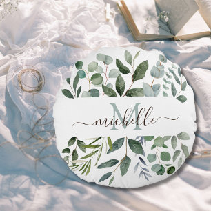 Monogram Sage Green Eucalyptus Greenery Leaves   Round Pillow