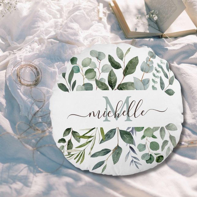 Monogram Sage Green Eucalyptus Greenery Leaves   Round Pillow (In situ)