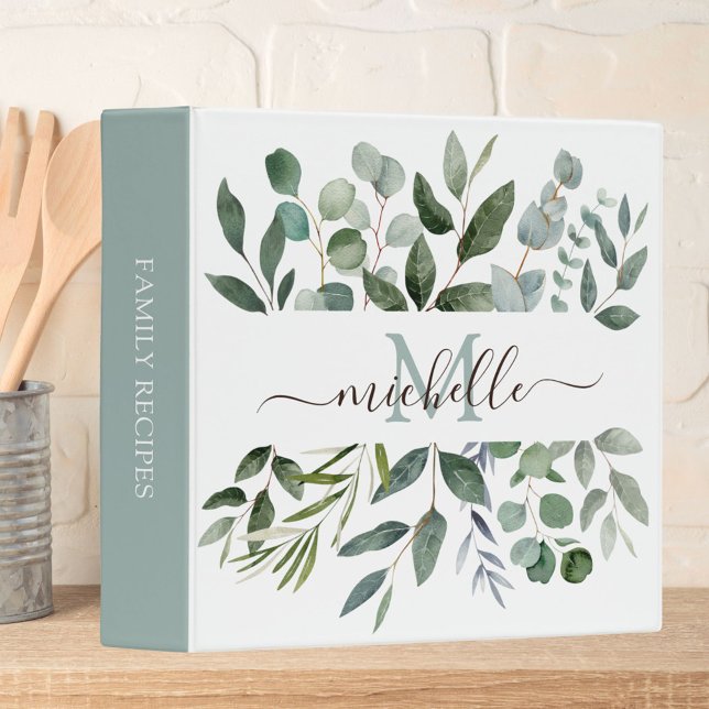 Monogram Sage Green Eucalyptus Greenery Recipe  Binder (In situ)