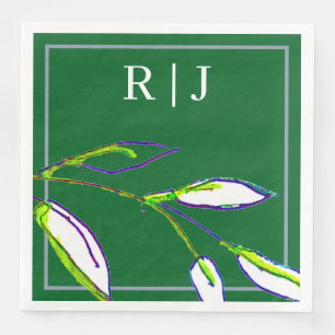 Monogram Sage Green Leaf Art Dusty Blue Wedding Napkin
