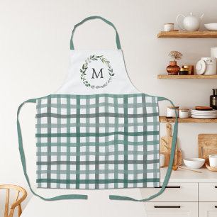 Monogram Sage Green Leaves Gingham Plaid Pattern Apron