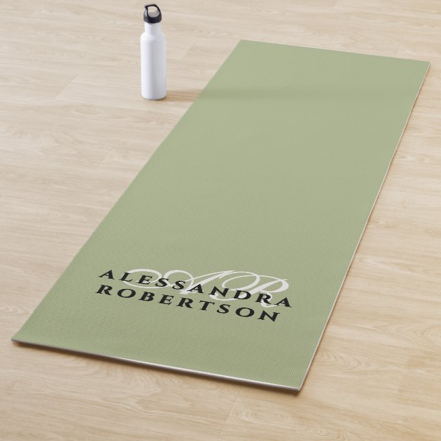 Monogram Sage Green Minimalist White Black Stylish Yoga Mat (In Situ)