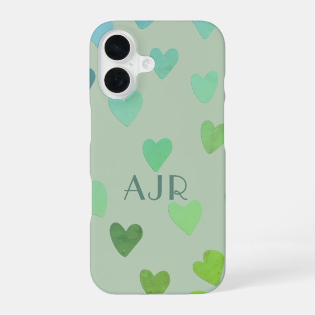 Monogram sage green mint retro hearts pattern iPhone 16 case (Back)