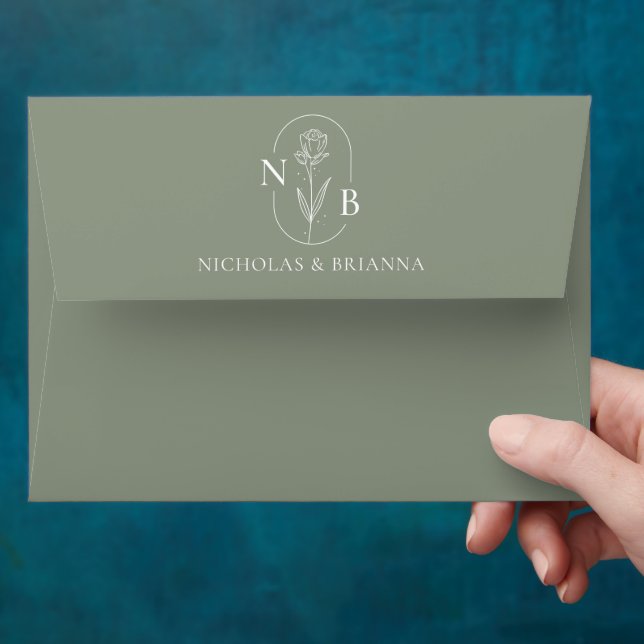 Monogram Sage Green Modern Elegant Wedding Envelope (Hand)