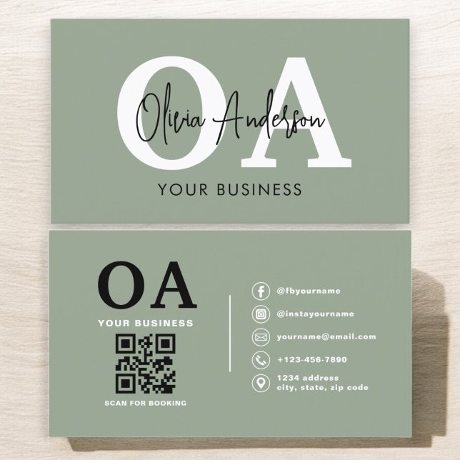Monogram Sage Green QR Code Modern Minimalist  Business Card (Creator Uploaded)