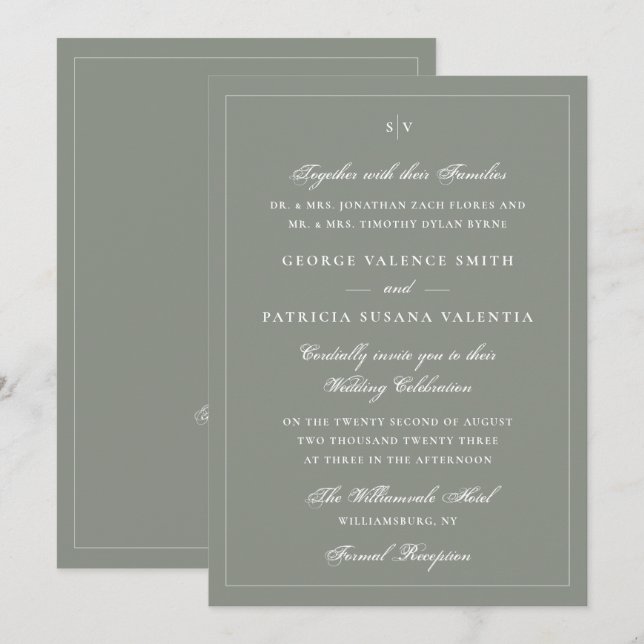 Monogram Sage Green QR Code Wedding Website Invitation (Front/Back)
