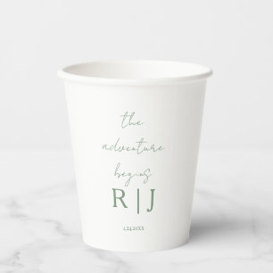 Monogram Sage Green Quote Adventure Begins Wedding Paper Cups