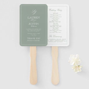 Monogram Sage Green Script Modern Wedding Program Hand Fan