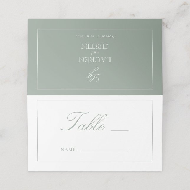 Monogram Sage Green Script Wedding Table Number Place Card (Outside Unfolded)