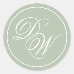 Monogram Sage Green Simple White Script 2 Initials Classic Round Sticker