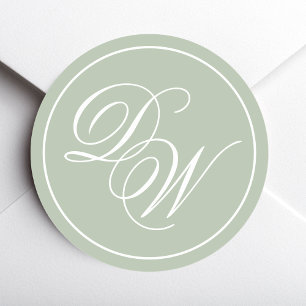 Monogram Sage Green Simple White Script 2 Initials Classic Round Sticker