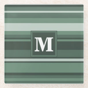 Monogram sage green stripes glass coaster
