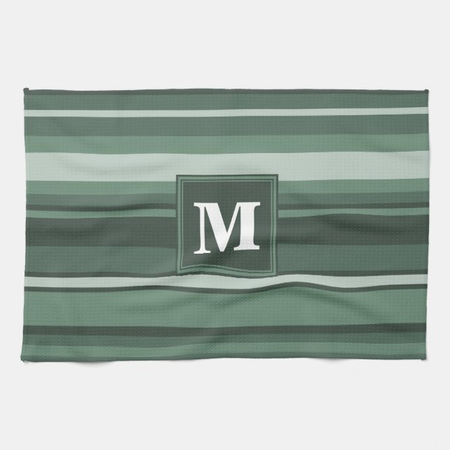 Monogram sage green stripes kitchen towel (Horizontal)