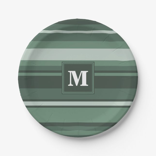Monogram sage green stripes paper plate (Front)