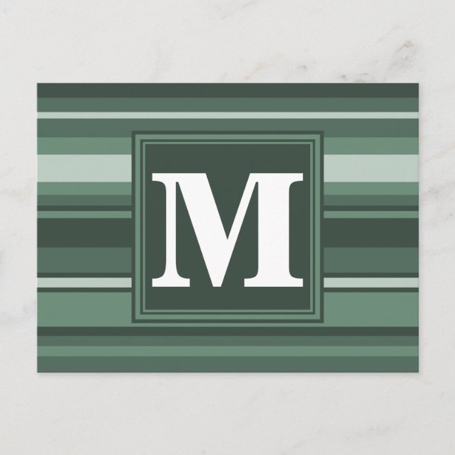 Monogram sage green stripes postcard (Front)