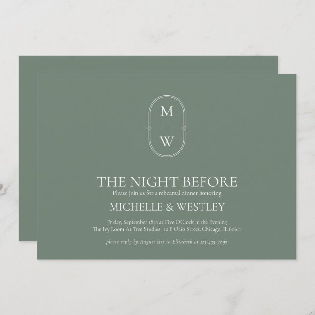 Monogram Sage Green Wedding Rehearsal Dinner Invitation (Front/Back)