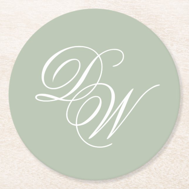 Monogram Sage Green Wedding Simple Elegant Script  Round Paper Coaster (Front)