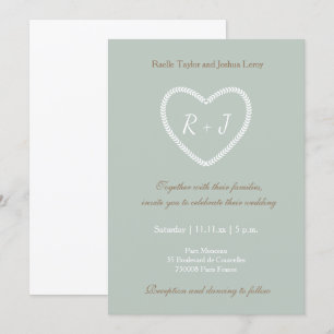Monogram Sage White Gold Heart Shaped Wedding Invitation
