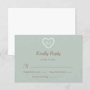 Monogram Sage White Gold Heart Shaped Wedding RSVP Invitation
