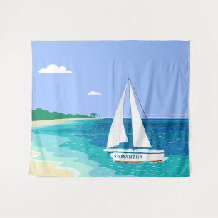 Monogram Sailboat Coastal Tropical Beach Tapestry