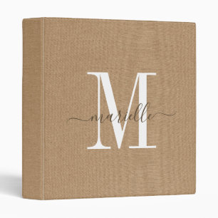 Monogram Sand Faux Linen Office School 3 Ring Bind Binder