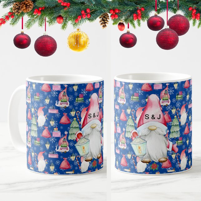 Monogram Santa Gnome for Christmas Pattern Blue Coffee Mug (Monogram Santa Gnome for Christmas Pattern Blue Coffee Mug 2 sides)