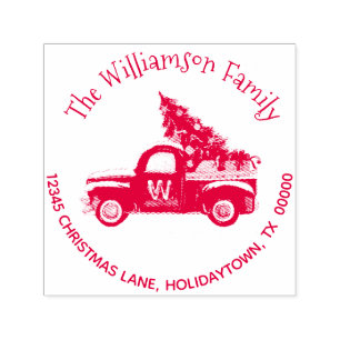 Monogram Santa Red Truck Return Address Christmas Self-inking Stamp